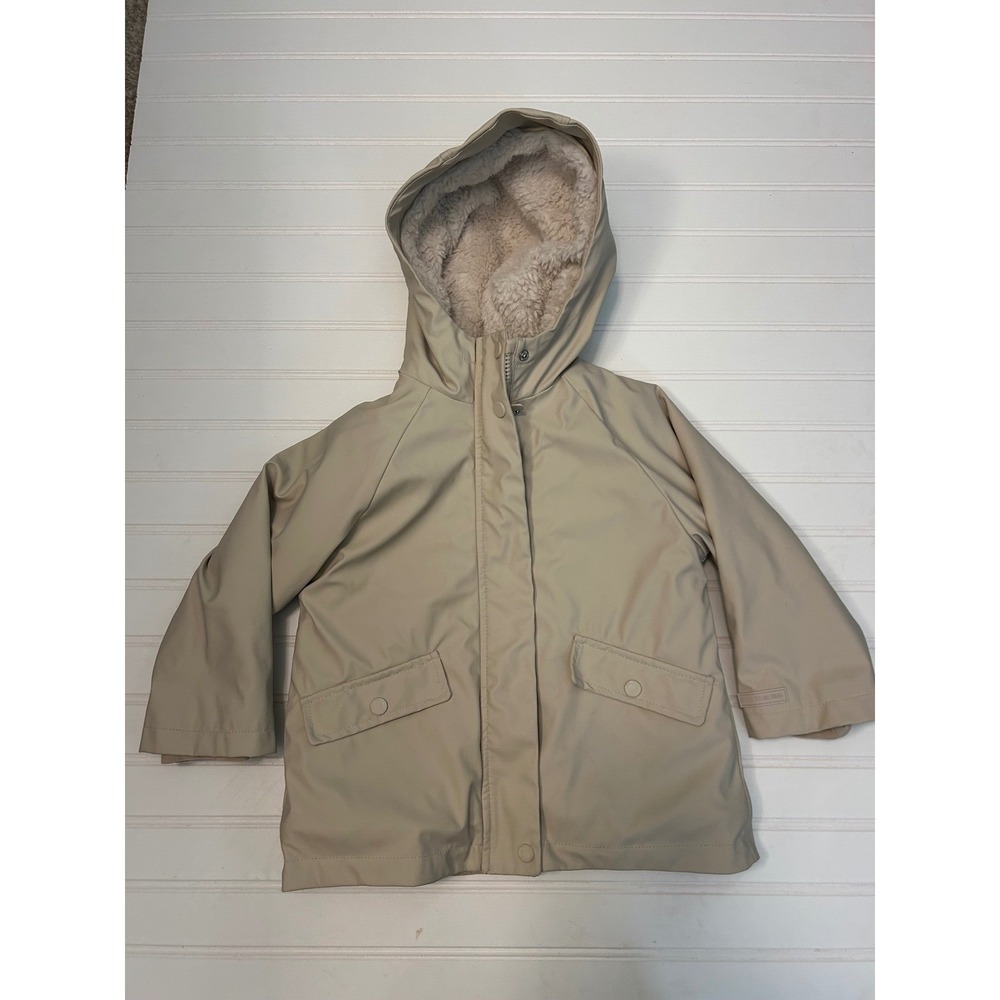 Zara Kids Beige Rubberized Faux Shearling Lined Raincoat Hooded Jacket 3 Years